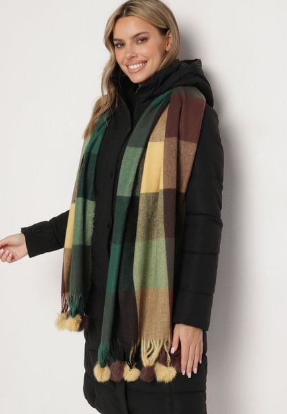 Zielony Prostokątny Szalik z Kolorowymi Pomponami Komo. Zielone szaliki Born2be, bez wzorów, z bawełny. Za 34.99 zł.