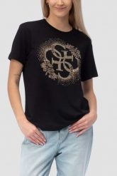 GUESS Czarny damski t-shirt na krótki rękaw z cyrkoniami Corinne, Rozmiar M. Czarne t-shirty Guess, m, z aplikacjami, bez kołnierzyka, bez ramiączek. Za 239.99 zł.