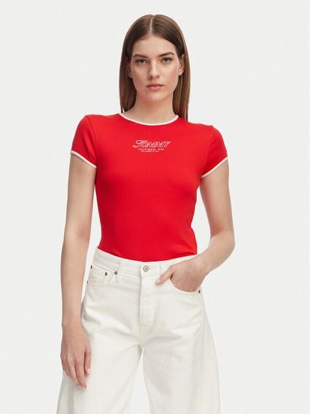 Tommy Hilfiger T-Shirt WW0WW49245 Czerwony Slim Fit. Czerwone t-shirty TOMMY HILFIGER, xs, bez wzorów, z bawełny, bez kołnierzyka, bez ramiączek. Za 133.99 zł.