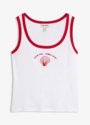 Top w prążek, z czystej bawełny organicznej. Niebieskie topy bonprix, bez wzorów, z bawełny, bez kołnierzyka, bez ramiączek. Za 24.99 zł.