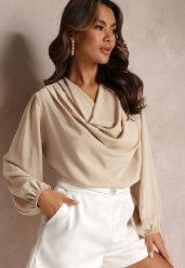 Beżowa Elegancka Bluzka z Marszczeniem i Zakładką Blusai. Brązowe bluzki Renee, bez wzorów, eleganckie, bez kołnierzyka, bez ramiączek. W wyprzedaży za 62.99 zł.