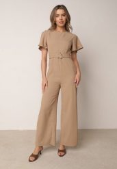 Beżowy Kombinezon VICES z Paskiem i Geometryczną Klamrą Elinassa. Brązowe sukienki Born2be, do pracy, l, bez wzorów, biznesowe, bez kołnierzyka, bez ramiączek. Za 179.99 zł.