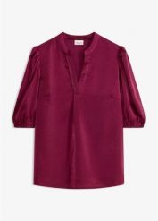 Bluzka tunikowa z lejącej satyny. Fioletowe bluzki bonprix, bez wzorów, z satyny, bez kołnierzyka, bez ramiączek. Za 132.99 zł.