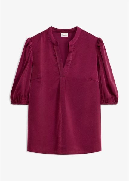 Bluzka tunikowa z lejącej satyny. Fioletowe bluzki bonprix, bez wzorów, z satyny, bez kołnierzyka, bez ramiączek. Za 132.99 zł.