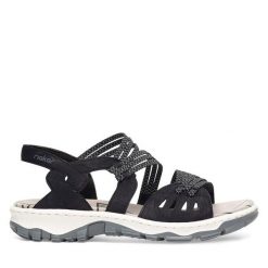 Sandały Rieker. Czarne sandały Rieker, bez wzorów, bez obcasa, na płaskiej podeszwie, bez zapięcia. Za 289.99 zł.