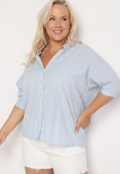 Jasnoniebieska Bawełniana Koszula z Krótkim Rękawem w Ozdobne Kropki Tinasenna. Niebieskie koszule Born2be, plus size, bez wzorów, z bawełny, biznesowe, bez kołnierzyka, plus size, bez ramiączek. Za 79.99 zł.