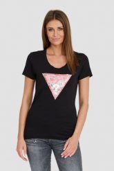 GUESS Czarny damski t-shirt Satin Triangle Tee, Rozmiar S. Czarne t-shirty Guess, s, z aplikacjami, bez kołnierzyka, bez ramiączek. W wyprzedaży za 119.99 zł.