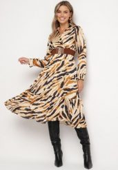 Beżowa Rozkloszowana Sukienka Kopertowa w Abstrakcyjny Wzór z Paskiem i Gumką w Talii Zinnaea. Brązowe sukienki Born2be, na co dzień, l, bez wzorów, eleganckie, bez kołnierzyka, bez ramiączek, kopertowe. Za 69.99 zł.