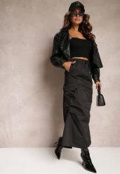 Czarna Marszczona Spódnica Midi w Stylu Cargo z Gumką w Talii Gacieam. Czarne spódnice Renee, na co dzień, xs, bez wzorów, eleganckie, midi, dopasowane. Za 79.99 zł.