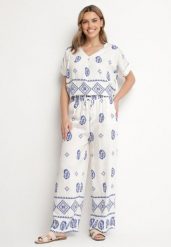 Niebiesko-Biały Bawełniany Komplet Koszula i Szerokie Spodnie w Stylu Boho Ollirive. Niebieskie koszule Born2be, l, z aplikacjami, z bawełny, boho, bez kołnierzyka, bez ramiączek. Za 64.99 zł.