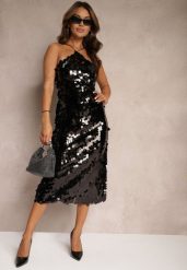 Czarna Cekinowa Sukienka o Asymetrycznym Fasonie z Ozdobnym Wiązaniem na Plecach Leriseli. Czarne sukienki Renee, z aplikacjami, eleganckie, z asymetrycznym kołnierzem, bez ramiączek, midi, asymetryczne. Za 109.99 zł.