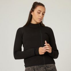 Bluza na zamek damska Nyamba Gym & Pilates 500. Czarne bluzy DOMYOS, na jesień, l, bez wzorów, z bawełny, bez kaptura. Za 99.99 zł.