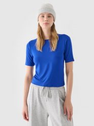 4F T-shirt slim gładki damski - niebieski L. Niebieskie t-shirty 4f, l, bez wzorów, z dzianiny, bez kołnierzyka, bez ramiączek. W wyprzedaży za 19.99 zł.