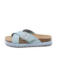 Billowy Skórzane klapki w kolorze błękitnym rozmiar: 41. Niebieskie klapki Billowy, bez wzorów, z otwartym noskiem, bez obcasa. Za 195.99 zł.