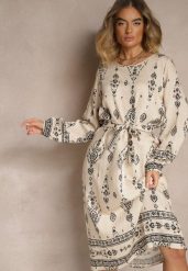 Jasnobeżowa Pudełkowa Sukienka Boho w Etniczne Wzory z Paskiem Lisalenea. Brązowe sukienki Renee, na co dzień, na lato, s, bez wzorów, boho, bez kołnierzyka, bez ramiączek, midi. Za 79.99 zł.