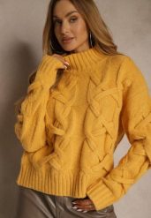 Żółty Golf z Dodatkiem Wełny ze Strukturalnym Splotem Fedansa. Żółte golfy Renee, z aplikacjami, z jeansu, bez ramiączek. Za 169.99 zł.