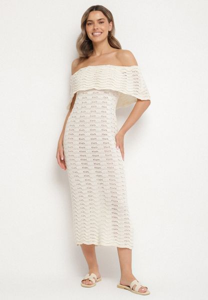 Beżowa Ażurowa Sukienka o Fasonie Hiszpanki z Wywijanym Dekoltem Filiorra. Brązowe sukienki Born2be, na co dzień, w ażurowe wzory, z jeansu, bez kołnierzyka, bez ramiączek, midi, dopasowane. Za 89.99 zł.