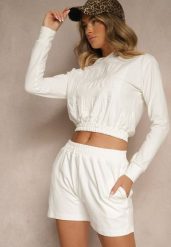 Biały Komplet z Bawełny w Sportowym Stylu Bluza z Kapturem i Szorty Izurea. Białe bluzy Renee, na lato, bez wzorów, z bawełny, z kapturem. Za 89.99 zł.