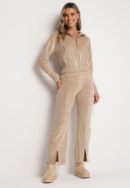 Beżowy 2-częściowy Komplet Dresowy z Bluzą i Spodniami Stellarina. Brązowe bluzy Born2be, m, bez wzorów, z dresówki, bez kaptura. Za 99.99 zł.