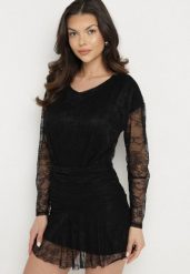 Czarna Sukienka Koronkowa z Gumką w Talii Naplisa. Czarne sukienki Born2be, uniwersalny, bez wzorów, z koronki, eleganckie, bez kołnierzyka, bez ramiączek, mini. Za 119.99 zł.
