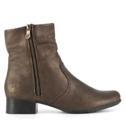 Botki Rieker. Brązowe botki Rieker, bez wzorów, bez obcasa, na płaskiej podeszwie, bez zapięcia. Za 319.99 zł.