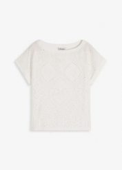Bluzka z ażurową koronką. Białe bluzki bonprix, w ażurowe wzory, z koronki, eleganckie, bez kołnierzyka, bez ramiączek. Za 59.99 zł.