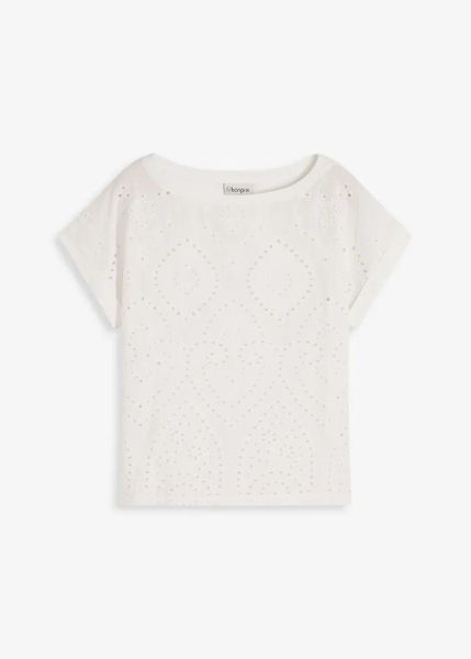 Bluzka z ażurową koronką. Niebieskie bluzki bonprix, w ażurowe wzory, z koronki, eleganckie, bez kołnierzyka, bez ramiączek. Za 47.99 zł.