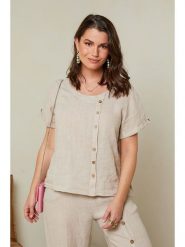 Curvy Lady Lniana koszulka w kolorze beżowym rozmiar: 48/50. Brązowe bluzki Curvy Lady, bez wzorów, ze lnu, klasyczne, bez kołnierzyka, bez ramiączek. Za 84.01 zł.