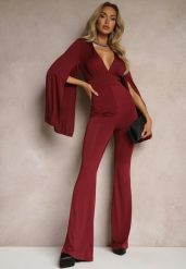 Bordowy Dopasowany Kombinezon z Rozkloszowanymi Rękawami i Głębokim Dekoltem Andrika. Czerwone sukienki Renee, na co dzień, m, bez wzorów, eleganckie, bez kołnierzyka, bez ramiączek, dopasowane. Za 119.99 zł.