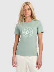 4F T-shirt regular z nadrukiem damski - zielony S. Zielone t-shirty 4f, s, bez wzorów, z bawełny, bez kołnierzyka, bez ramiączek. Za 59.99 zł.
