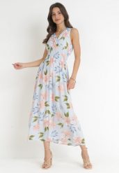 Jasnoniebieska Sukienka Maxi z Gumką w Pasie i Kopertowym Dekoltem w Kwiaty Shreya. Niebieskie sukienki Born2be, l, bez wzorów, bez kołnierzyka, bez ramiączek, maxi, kopertowe. Za 44.99 zł.