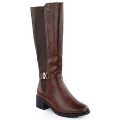 Kozaki damskie brązowe eVento 25KZ02-9430. Brązowe kozaki eVento, ze skóry ekologicznej, bez obcasa, bez zapięcia. Za 229.99 zł.