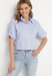 Jasnoniebieska Klasyczna Koszula z Bawełny w Paseczki z Rękawem 3/4 Liantarra. Niebieskie koszule Born2be, l, bez wzorów, z bawełny, eleganckie, bez kołnierzyka, bez ramiączek. Za 49.99 zł.