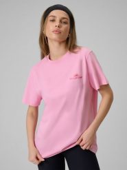 4F T-shirt loose z nadrukiem damski - różowy S. Czerwone t-shirty 4f, s, bez wzorów, z bawełny, bez kołnierzyka, bez ramiączek. Za 69.99 zł.