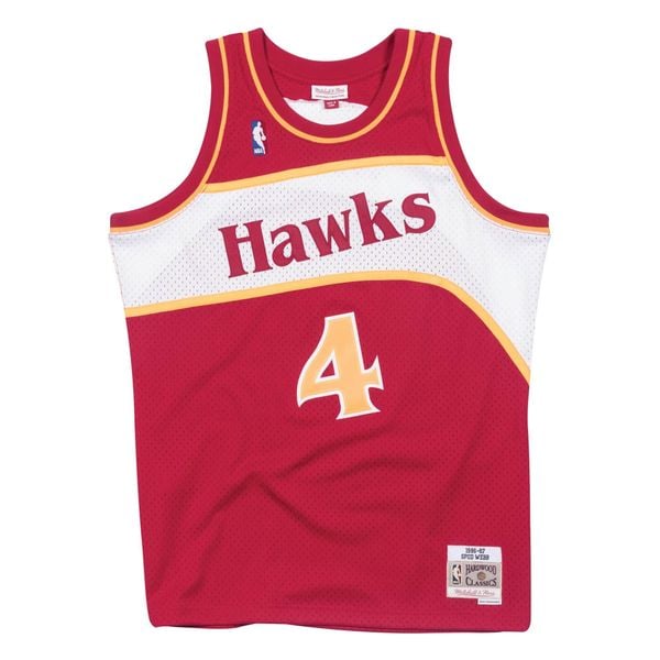 Koszulka Mitchell & Ness Atlanta Hawks 1986/87. Białe bluzki Mitchell & Ness, bez wzorów, retro, bez kołnierzyka, bez ramiączek. Za 513.50 zł.