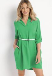 Zielona Sukienka Koszulowa o Rozkloszowanym Fasonie Neoriana. Zielone sukienki Born2be, l, bez wzorów, bez kołnierzyka, bez ramiączek, maxi, koszulowe. Za 54.99 zł.