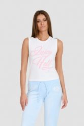 JUICY COUTURE Biały damski top Juicy As Hell Tank, Rozmiar M. Białe topy Juicy Couture, m, bez wzorów, bez kołnierzyka, bez ramiączek. W wyprzedaży za 119.99 zł.