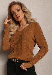 Brązowy Sweter ze Splotem w Warkocze i Dekoltem V Khara. Brązowe swetry Renee, z aplikacjami, z dzianiny, bez ramiączek. Za 59.99 zł.
