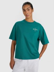 4F T-shirt oversize z nadrukiem damski - turkusowy XS. Niebieskie koszulki sportowe 4f, bez wzorów, z bawełny, bez ramiączek. W wyprzedaży za 39.99 zł.