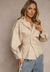 Beżowa Bawełniana Koszula Asymetrycznie Zapinana Zdobiona Wiązaniem w Talii Sanilsa. Brązowe koszule Renee, z aplikacjami, z bawełny, eleganckie, z asymetrycznym kołnierzem, bez ramiączek. Za 89.99 zł.