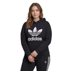 Bluza sportowa damska Adidas Trefoil Hoodie oversize. Czarne bluzy Adidas, plus size, bez wzorów, z bawełny, z kapturem. Za 192.00 zł.