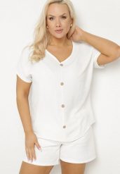 Biała Bluzka Ozdobiona Guziczkami z Przodu Mepiana. Białe bluzki Born2be, xl, bez wzorów, z jeansu, eleganckie, bez kołnierzyka, bez ramiączek. W wyprzedaży za 47.99 zł.