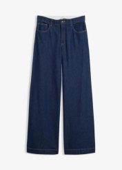 Dżinsy z szerokimi nogawkami, high waist. Niebieskie jeansy bonprix, bez wzorów, z podwyższonym stanem. Za 124.99 zł.