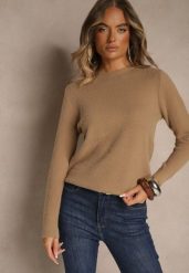 Ciemnobeżowy Sweter z Wełną ze Ściągaczami Furrive. Brązowe swetry Renee, bez wzorów, z jeansu, bez ramiączek. Za 69.99 zł.