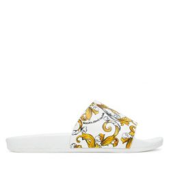 Klapki Versace Jeans Couture. Białe klapki Versace Jeans Couture, bez wzorów, z jeansu, bez obcasa. Za 229.99 zł.