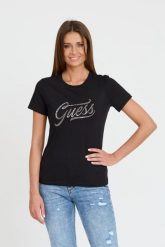 GUESS Czarny damski T-shirt bawełnany STONES&EMBRO TEE, Rozmiar S. Czarne t-shirty Guess, s, z aplikacjami, bez kołnierzyka, bez ramiączek. W wyprzedaży za 179.99 zł.