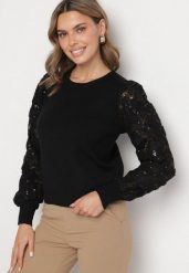 Czarny Sweter z Wiskozą z Ozdobnymi Koronkowymi Rękawami z Cekinami Tiliala. Czarne swetry Born2be, bez wzorów, z jeansu, bez ramiączek. Za 64.99 zł.