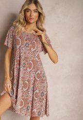 Pomarańczowa Krótka Sukienka w Stylu Boho z Elastycznej Wiskozy z Krótkimi Rękawami Ailoni. Brązowe sukienki Renee, na lato, l, bez wzorów, z wiskozy, boho, bez kołnierzyka, bez ramiączek, mini. Za 59.99 zł.