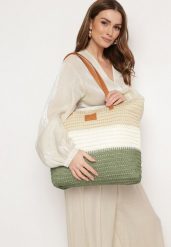 Beżowo-Zielona Torebka Tote w Stylu Boho z Plecionki na Suwak Rin. Zielone torebki klasyczne Born2be, bez wzorów, z materiału, bez dodatków. Za 39.99 zł.