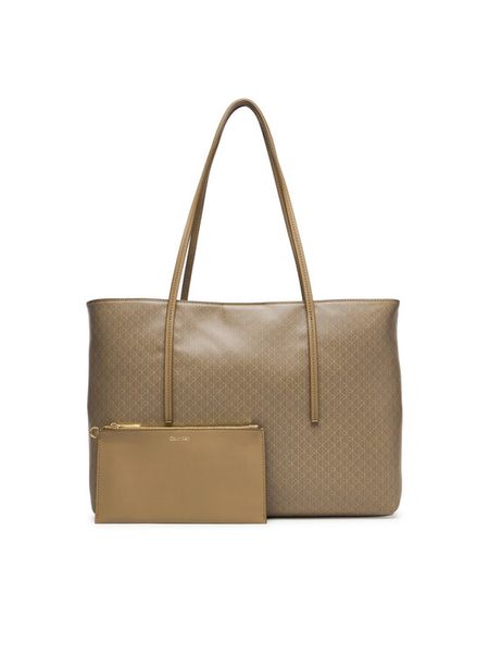Calvin Klein Torebka Emblem Aop Tote W/ Pouch LV04F3266G Beżowy. Brązowe shopper Calvin Klein, bez wzorów, ze skóry, bez dodatków. Za 649.99 zł.